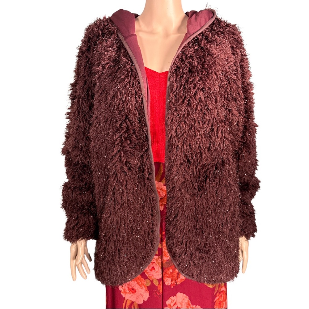 Joyfolie Okalla Sweater Merlot Burgundy Shaggy Eyelash Knit Hooded Cardigan L